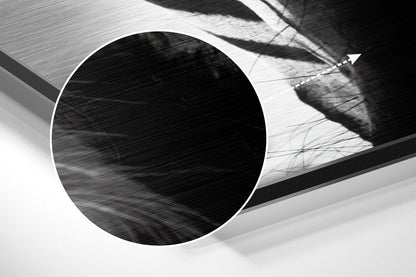 Close-up detail of brushed aluminum surface showing circular opening and textured metallic finish in black and white.