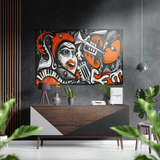 Modern interior with orange and black abstract artwork featuring stylized faces and piano keys displayed above a wooden dresser with plants and décor.