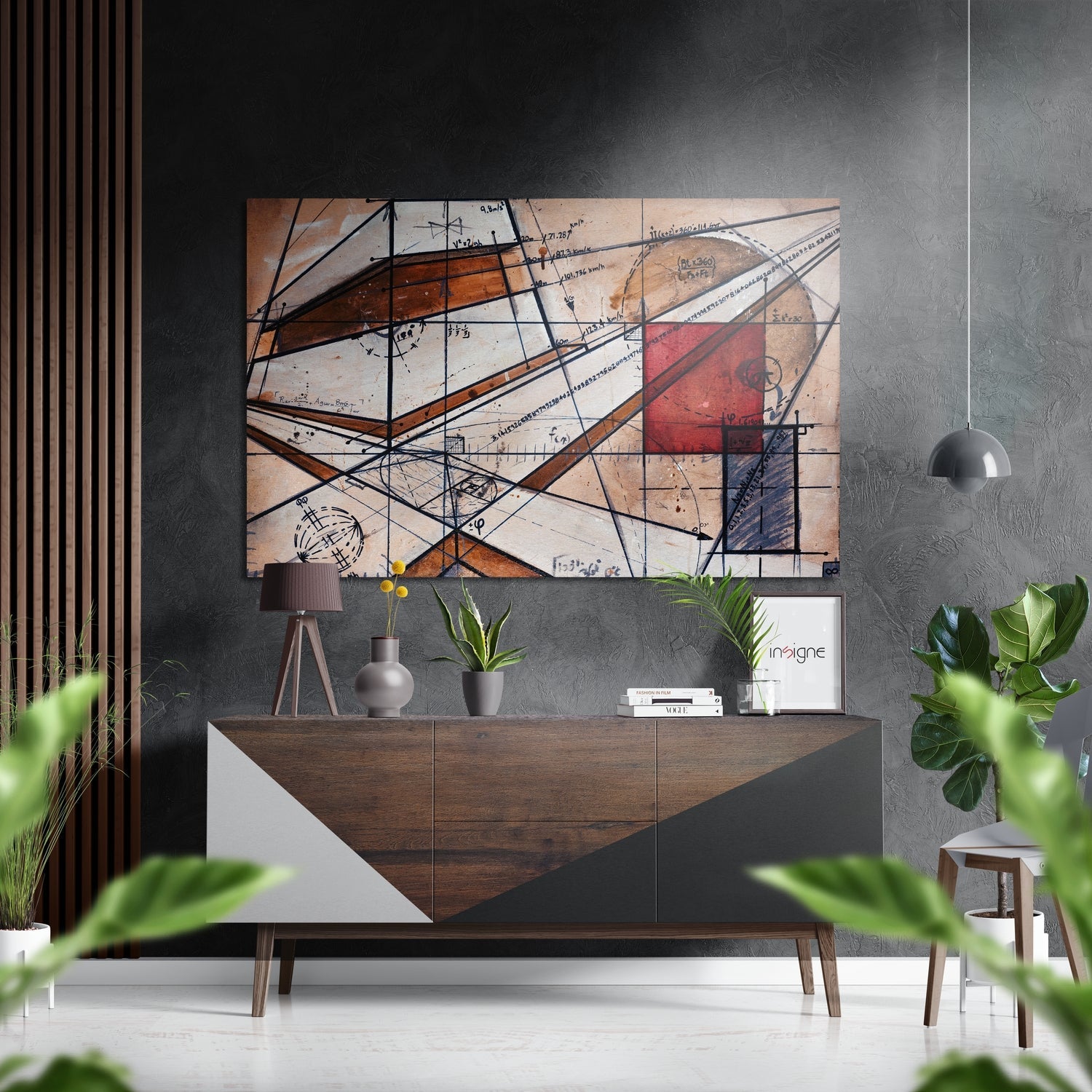 Modern interior with geometric abstract wall art featuring brown, red, and blue tones displayed above a wooden console table with plants and decor.
