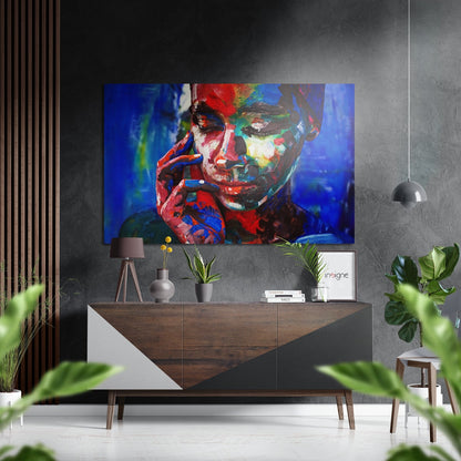 Red and Blue Painted Woman Portrait Brushed Aluminium Dibond Wall Art