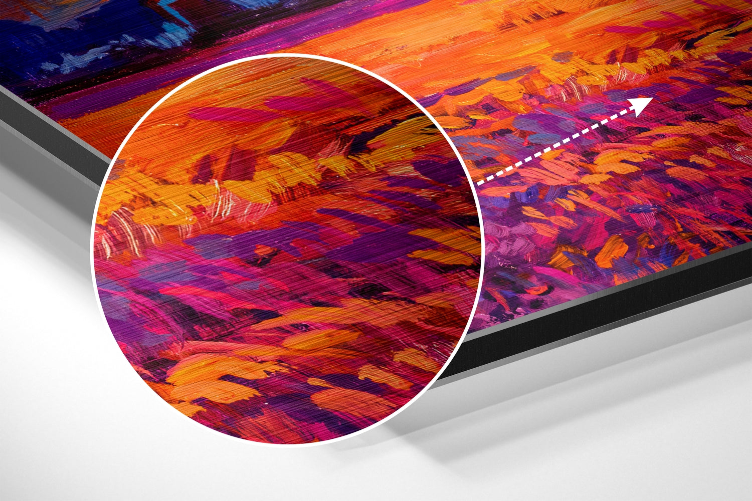 Close-up detail shot showing vibrant orange, magenta, and purple brushstrokes on Dibond aluminum with magnification circle highlighting texture.