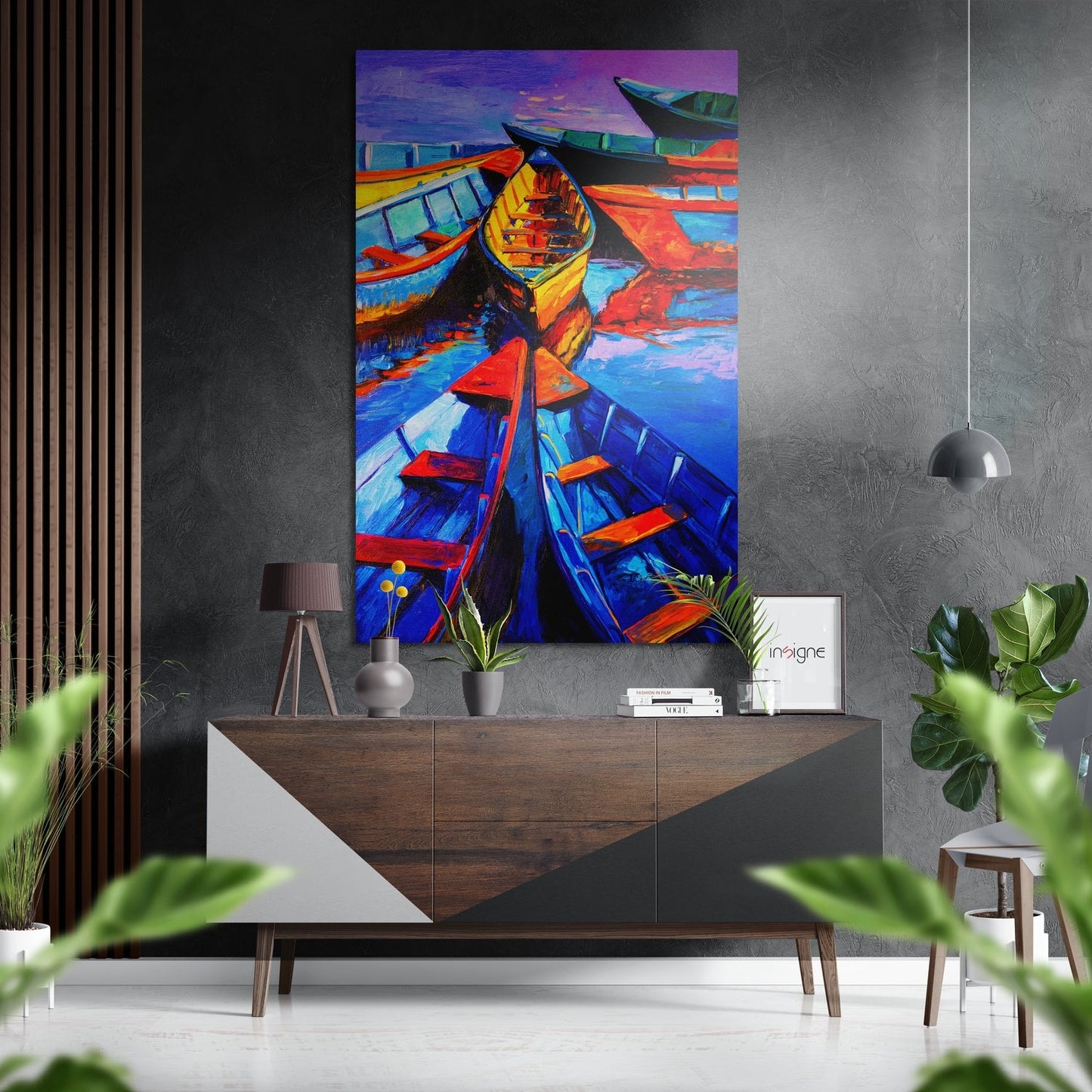 Blue and Orange Moored Boats Brushed Aluminium Dibond Wall Art