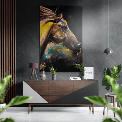 Yellow Teal Painted Horse Head Brushed Aluminium Dibond Wall Art