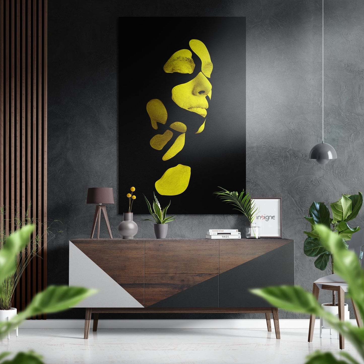 Yellow Fragmented Woman Face Brushed Aluminium Dibond Wall Art