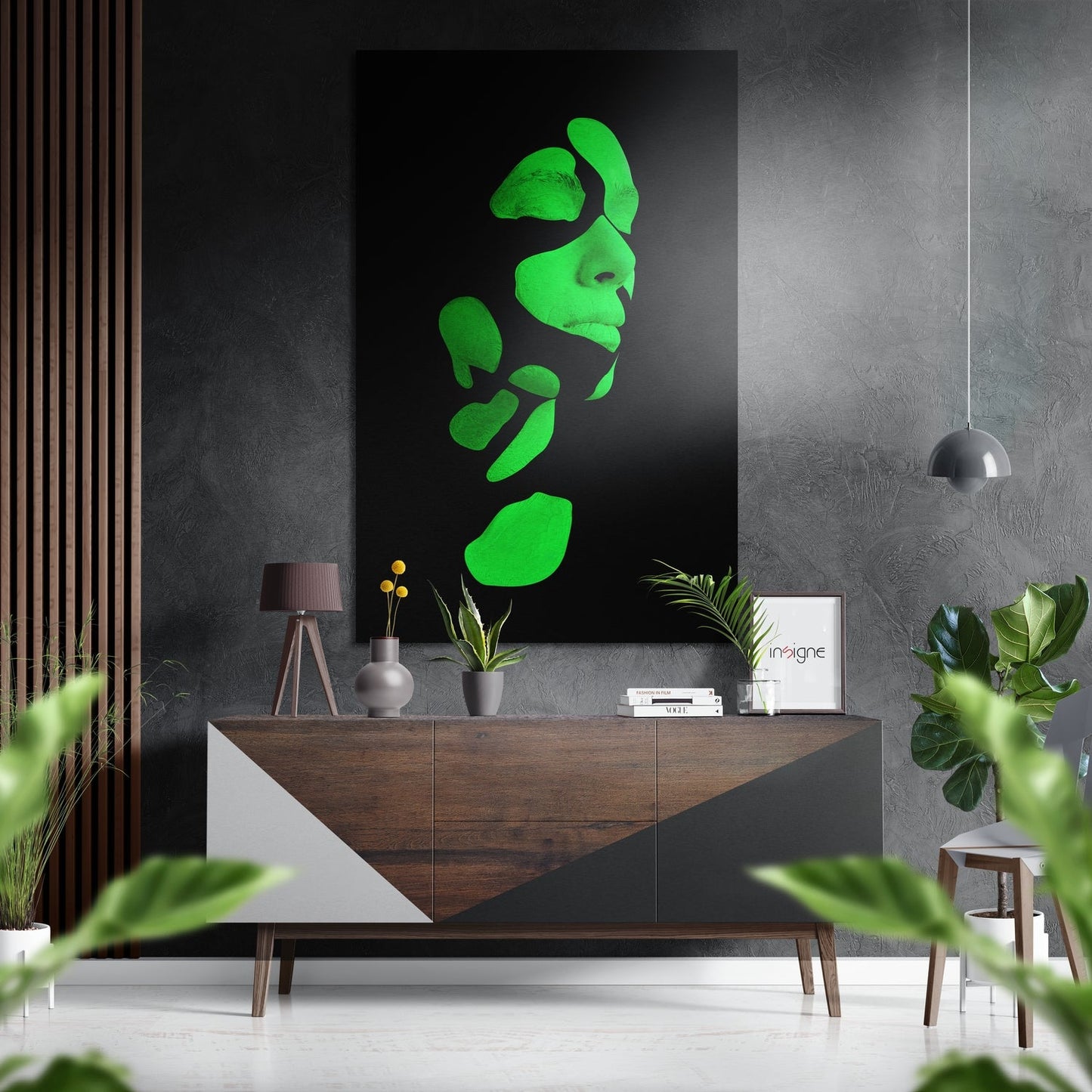 Neon Green Fractured Woman Face Brushed Aluminium Dibond Wall Art