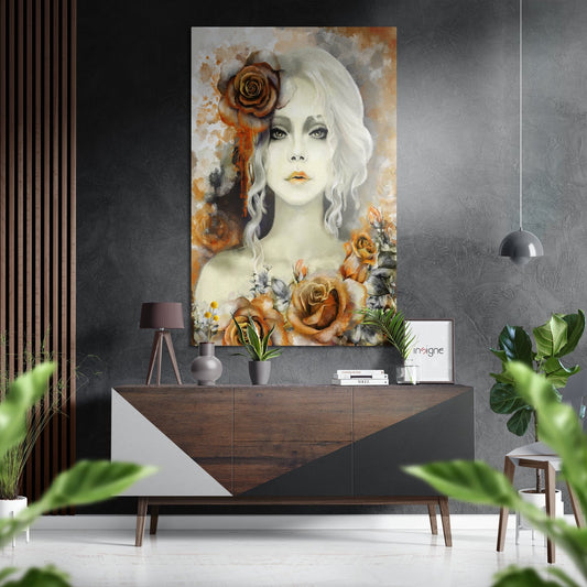 Modern living room interior featuring a portrait of a pale-skinned woman with white wavy hair and orange roses displayed above a wooden mid-century dresser.