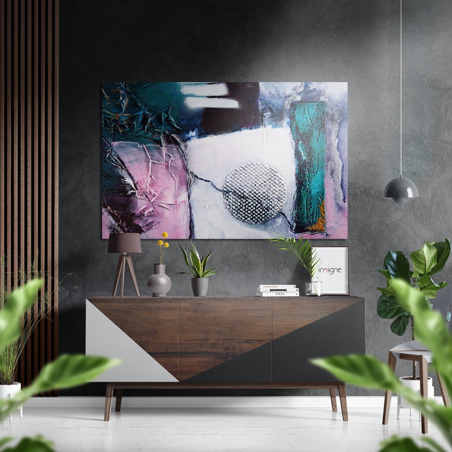Modern living room with abstract dibond art above wooden console, featuring teal, pink, and white brushstrokes with geometric circle detail.