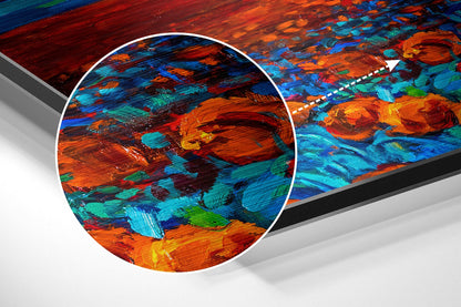 Close-up detail view of vibrant red, blue, orange, and teal brushstrokes on aluminium surface with magnification circle highlighting texture.