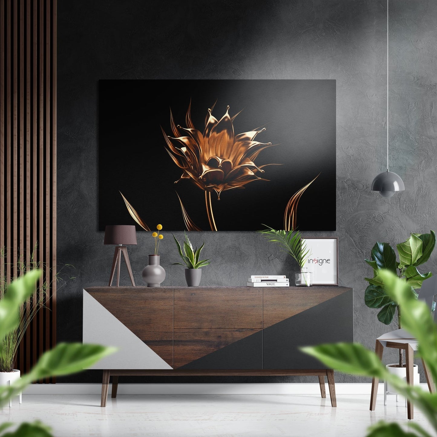 Modern living room setting with golden flower artwork displayed above wooden credenza with potted plants and decorative objects.