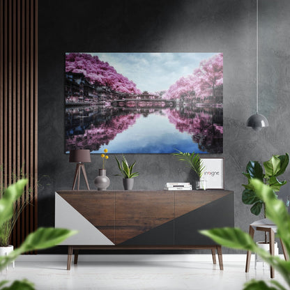 Pink Blossom Canal Reflection Brushed Aluminium Dibond Wall Art