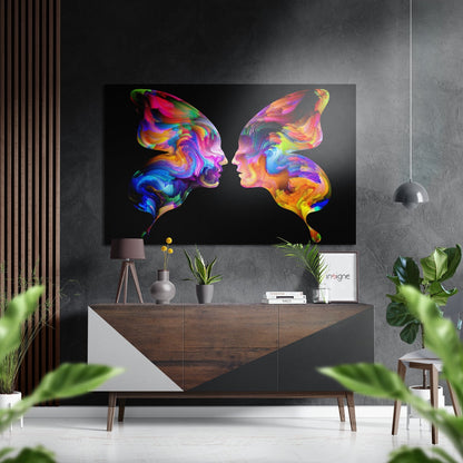 Vibrant multicolored abstract face profiles with flowing psychedelic patterns displayed on black metal wall art above wooden console.