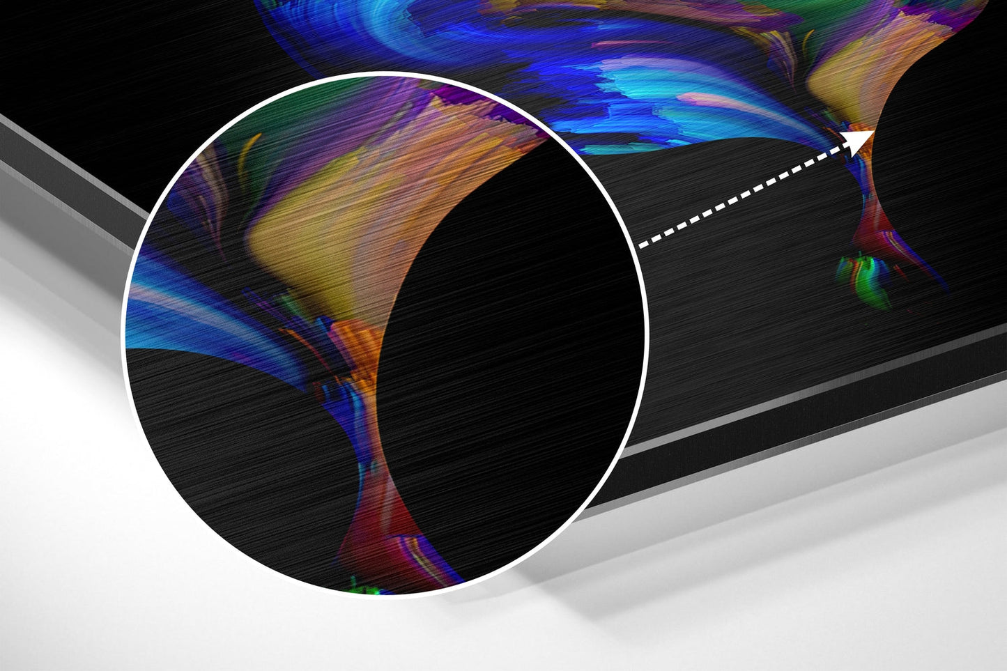 Three-dimensional perspective view of circular brushed aluminum wall art with colorful abstract butterfly design in blue, purple, yellow, and green tones.