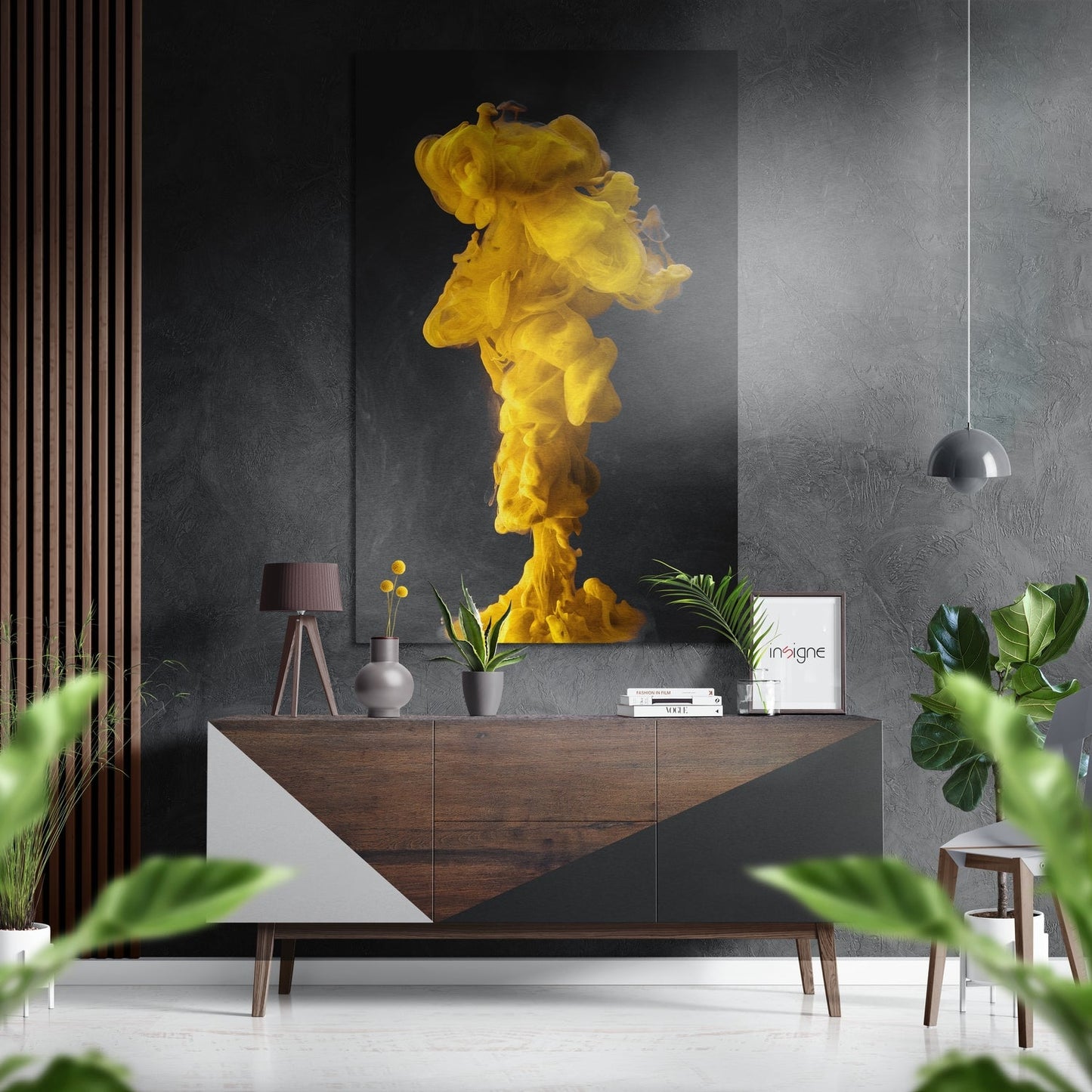 Yellow Ink Cloud Burst Column Brushed Aluminium Dibond Wall Art