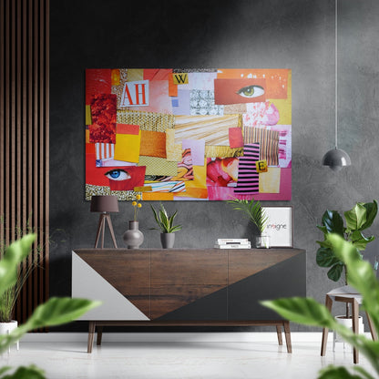 Orange Pink Collage With Eyes Brushed Aluminium Dibond Wall Art