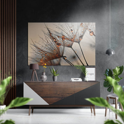 Dandelion Brushed Aluminium Dibond Wall Art displaying orange and brown seed heads mounted above a wooden dresser in a modern interior.