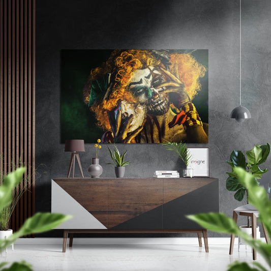 Clown Brushed Aluminium Dibond Wall Art displayed above a wooden dresser in a modern interior with plants and pendant lighting.