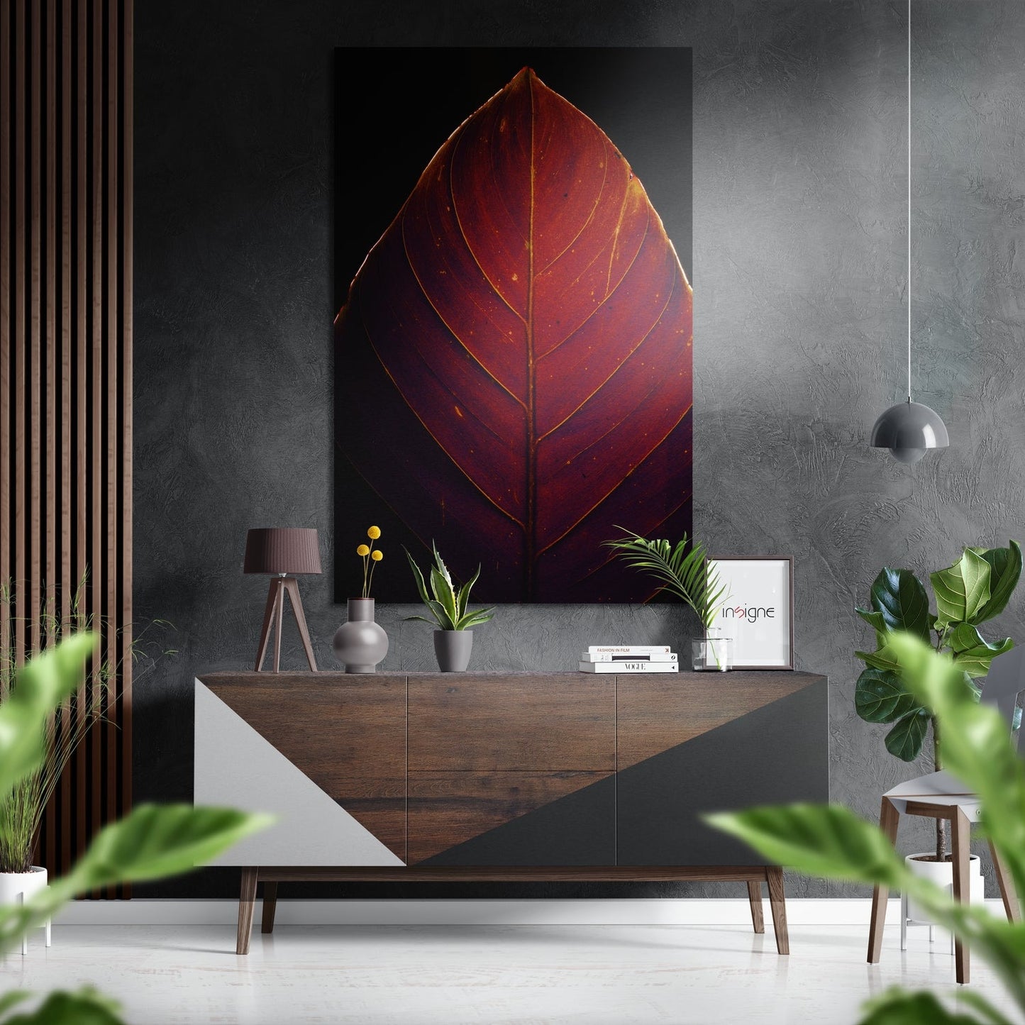 Glowing Red Veined Leaf Brushed Aluminium Dibond Wall Art