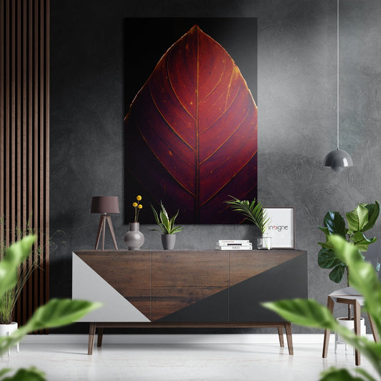 Red veined leaf artwork displayed above wooden sideboard in modern interior with plants and pendant lamp.