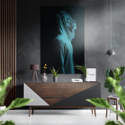 Teal Hoodie Lion Portrait Brushed Aluminium Dibond Wall Art