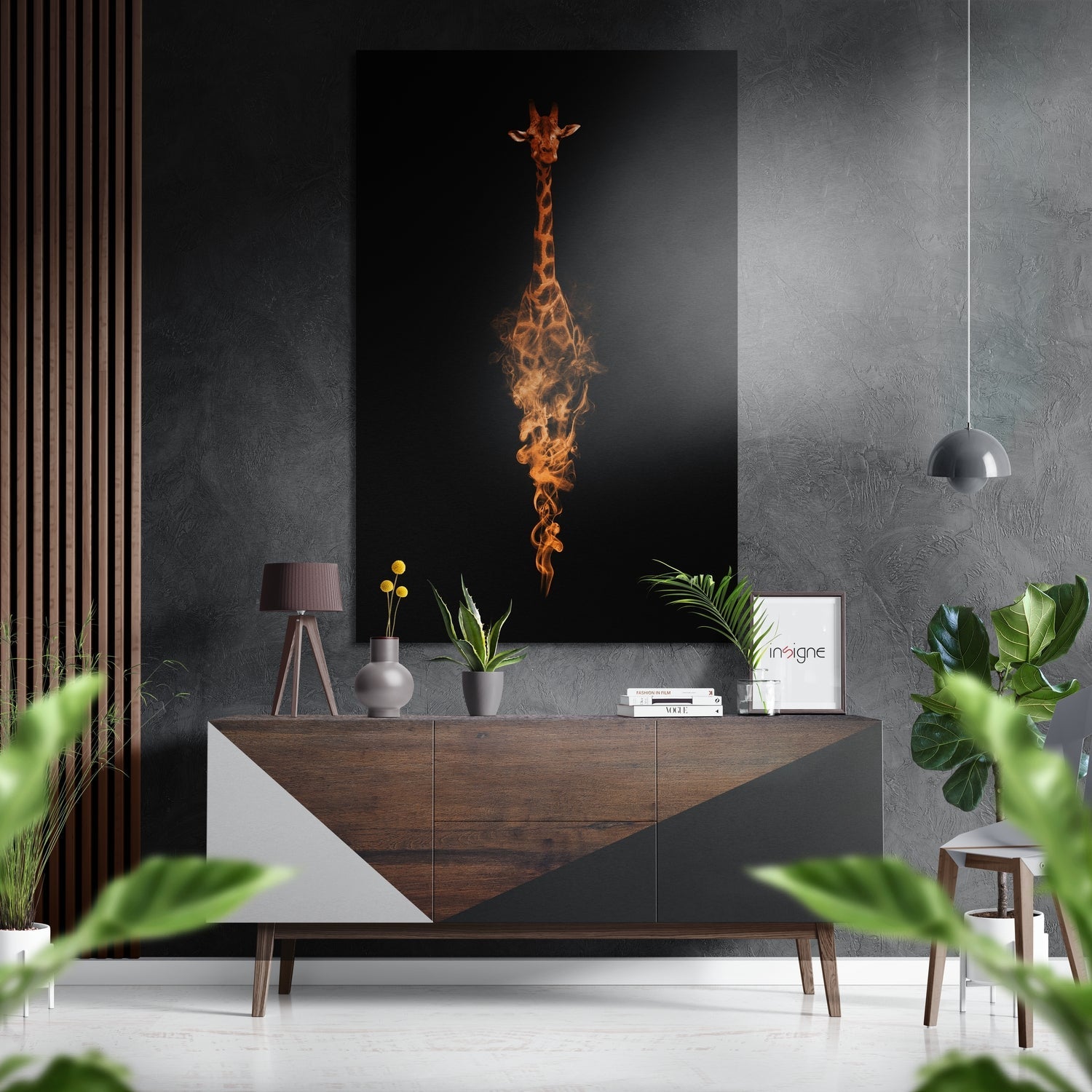 Modern living room interior featuring a giraffe wall art in orange flames above a wooden dresser with plants and decor.