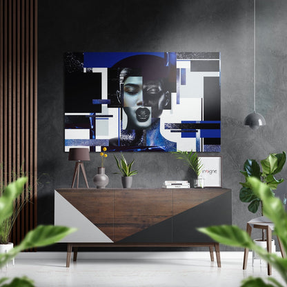 Cobalt Glitch Blocks Woman Brushed Aluminium Dibond Wall Art
