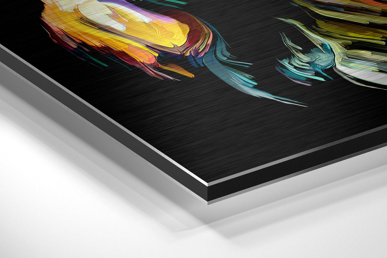 Angled perspective view of brushed aluminium Dibond panel displaying colorful abstract brushstroke artwork in yellow, orange, teal, and purple tones on black background.