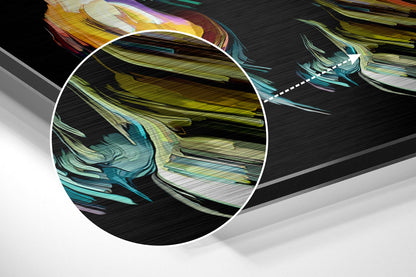Close-up detail of brushed aluminium wall art showing layered teal, yellow, and white brushstroke patterns with textured surface finish.