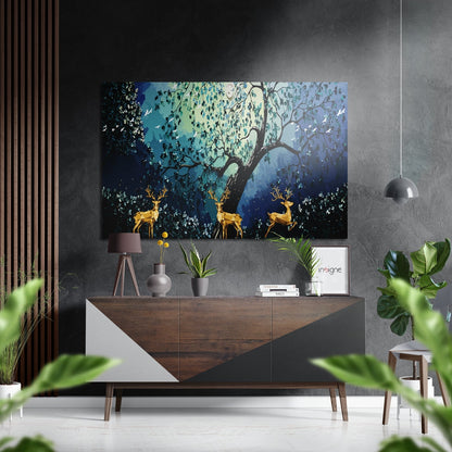 Golden Deer Under Teal Tree Brushed Aluminium Dibond Wall Art