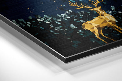 Golden Deer Under Teal Tree Brushed Aluminium Dibond Wall Art