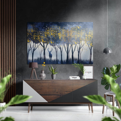 Stag Silhouette Golden Forest Brushed Aluminium Dibond Wall Art