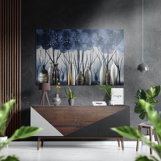 Modern interior with brushed aluminium wall art featuring blue trees and white vases displayed above wooden console table with decorative objects.