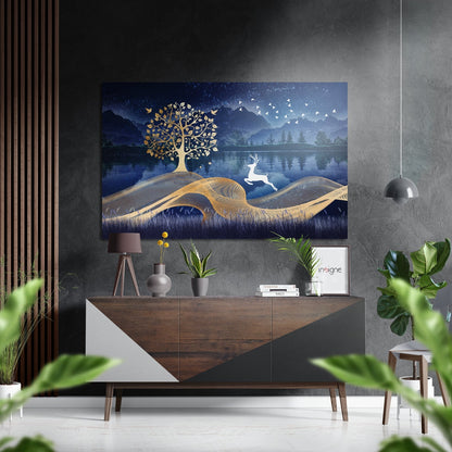 Leaping White Deer Gold Tree Lake Brushed Aluminium Dibond Wall Art