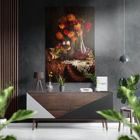 Classical still life Dibond art featuring red and orange gerberas in a vase with wine bottle and grapes displayed above a wooden dresser.