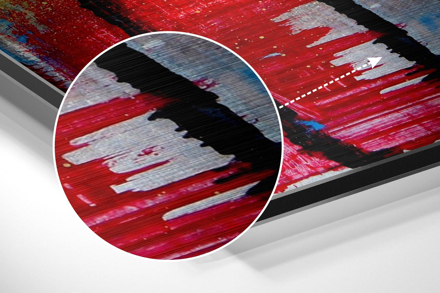 Close-up detail of brushed aluminium dibond surface showing red, white, and blue striped pattern with horizontal texture and metal grain.