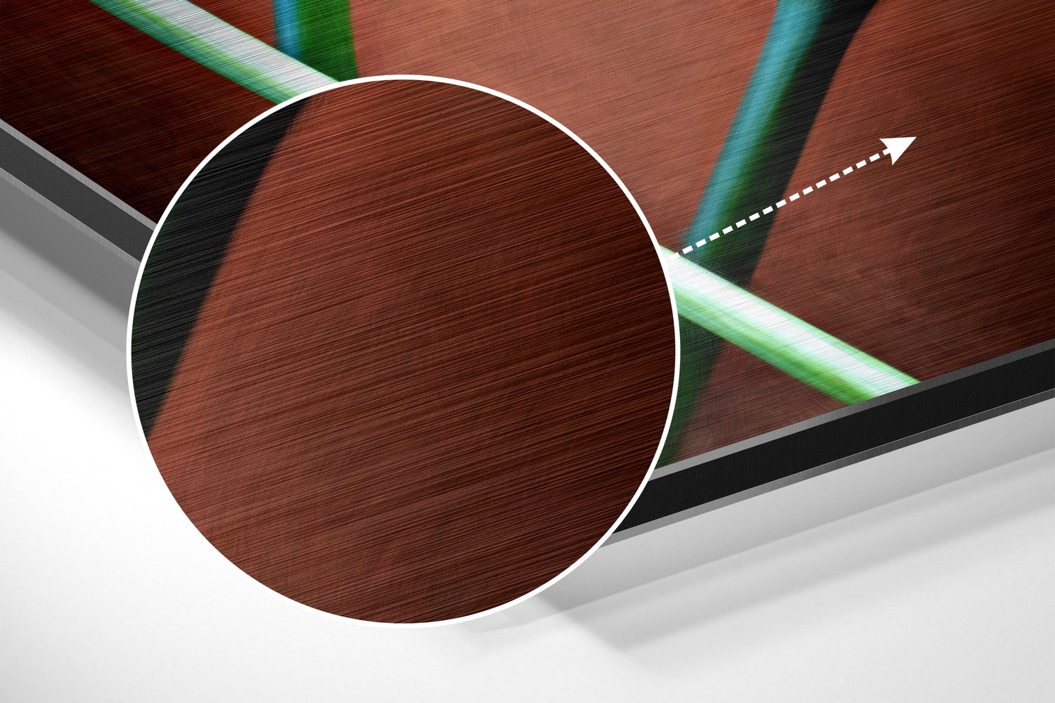 Close-up angled view of brushed aluminium Dibond wall art featuring a large circular disc with green and teal striped elements on textured brown and grey background.