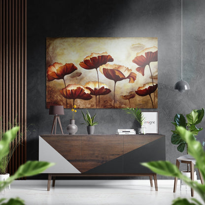 Modern interior with red and gold poppy flower canvas art hanging above wooden console table with potted plants and pendant light.
