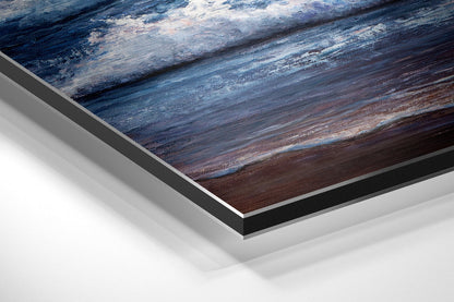 Close-up angled view of layered Dibond panel showing blue and burgundy painted wood texture with aluminum edge detail.