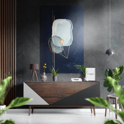 Modern interior with brushed aluminium speech balloon wall art in white and blue tones displayed above wooden dresser with plants and pendant light.