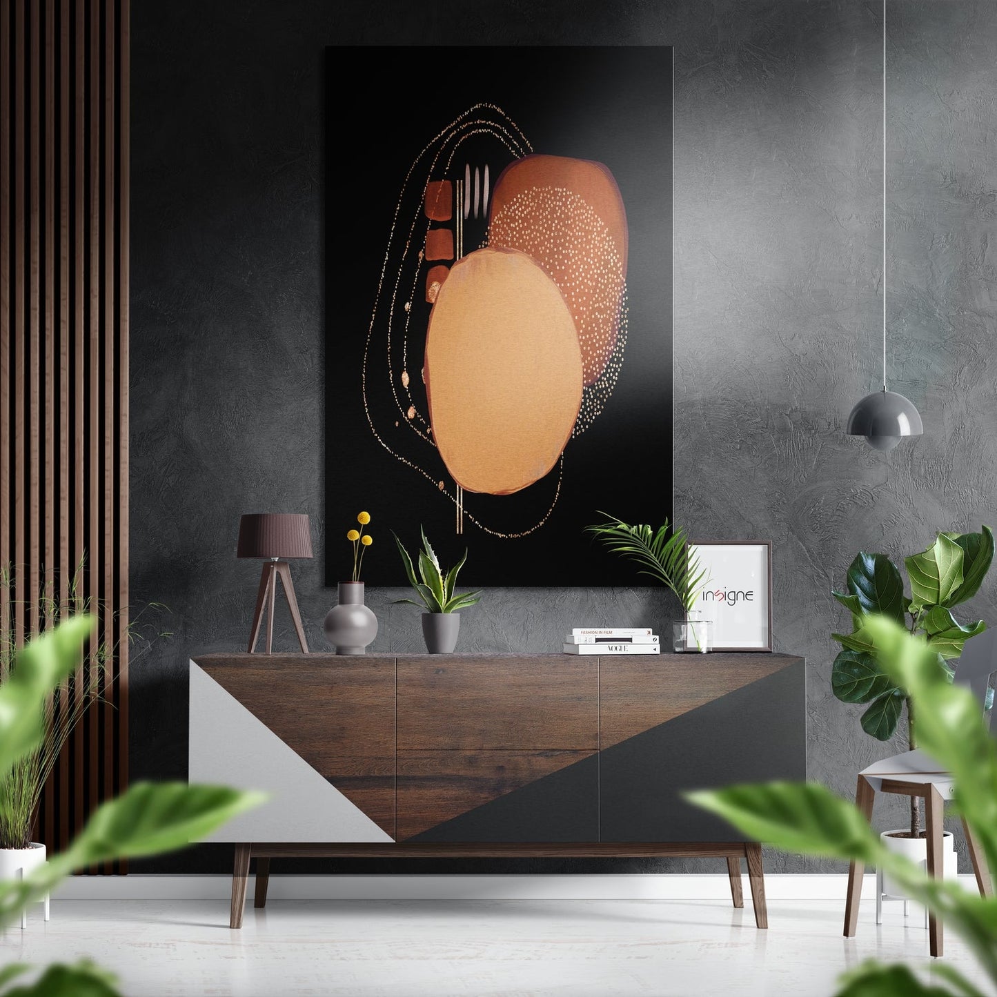Copper Ovals Gold Dots On Black Brushed Aluminium Dibond Wall Art