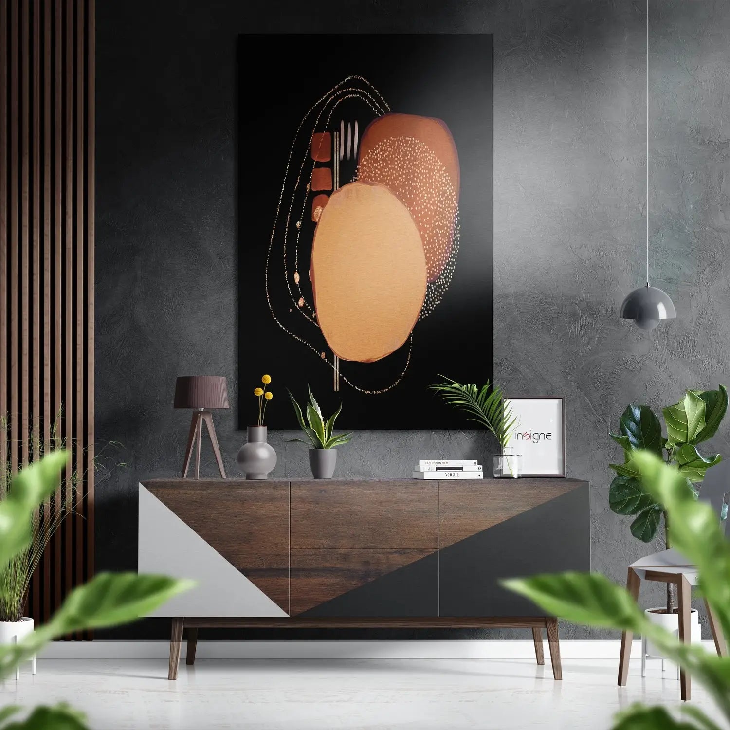 Abstract warm amber terracotta circles in gold dots on black, brushed aluminium dibond art