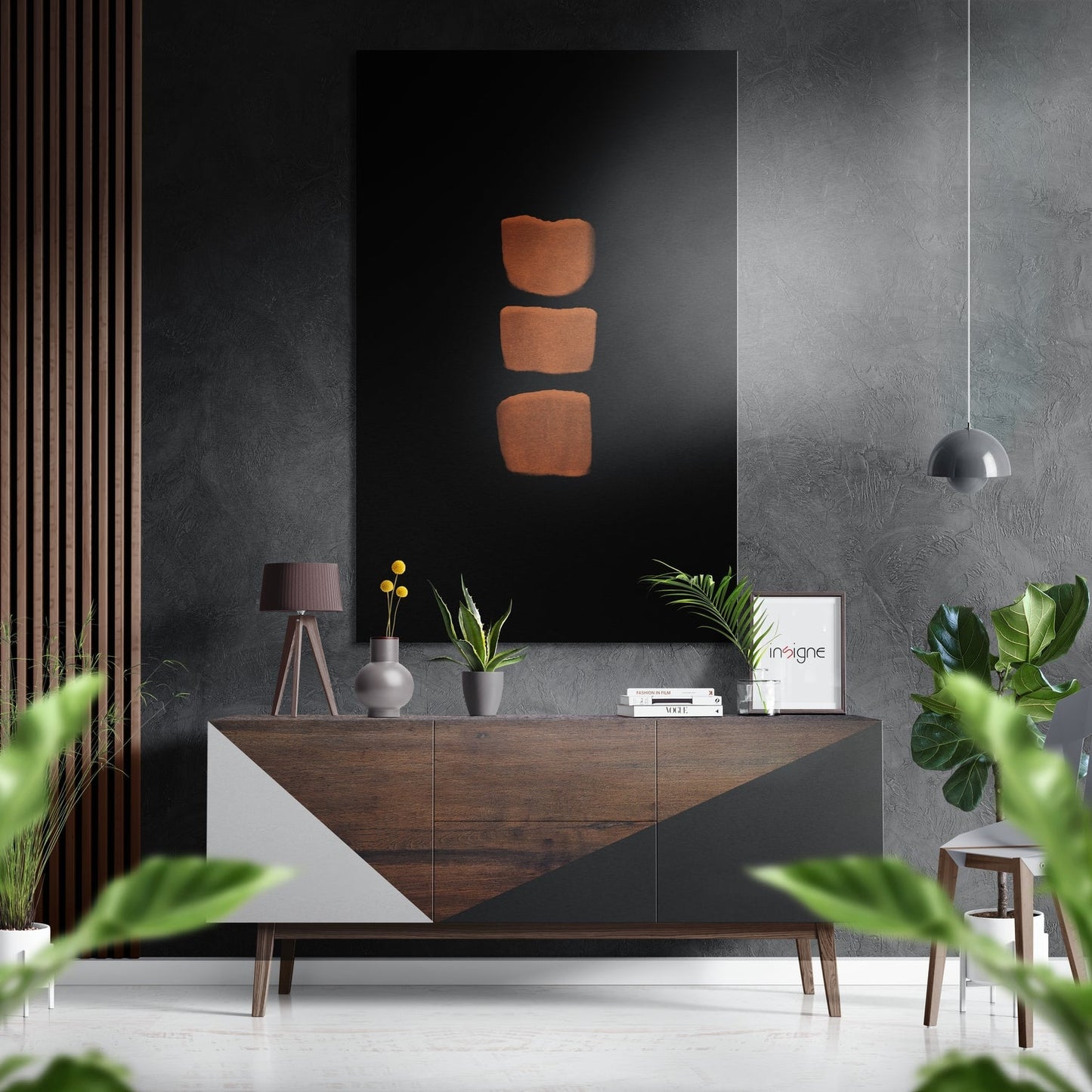 Three terracotta-colored rounded square panels arranged vertically on black Dibond displayed above a mid-century modern console in contemporary interior setting.
