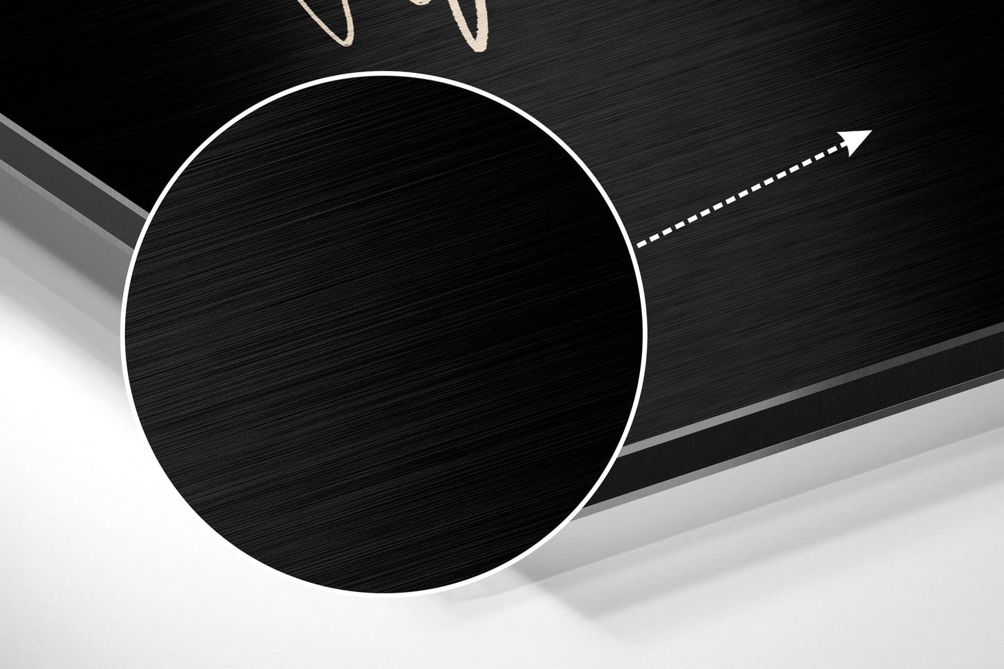 Brushed aluminum Dibond wall art featuring a large black circle with white outline on geometric gray and black background with directional arrow.