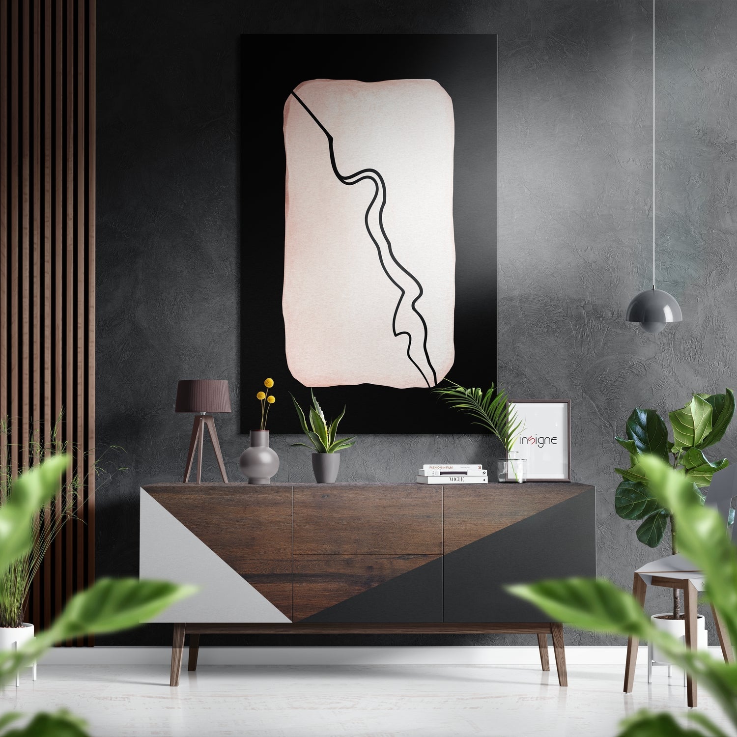 Modern minimalist interior with Lines Brushed Aluminium Dibond Wall Art displayed above wooden console table against textured gray wall.