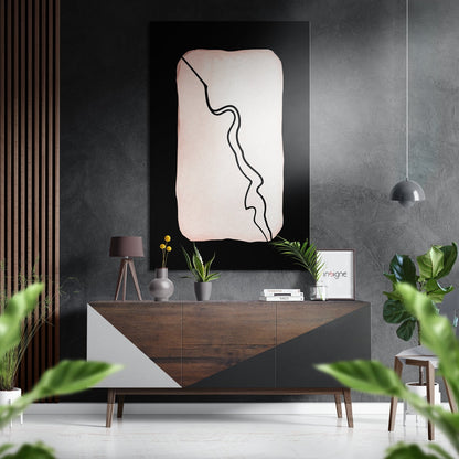 Modern minimalist interior with Lines Brushed Aluminium Dibond Wall Art displayed above wooden console table against textured gray wall.