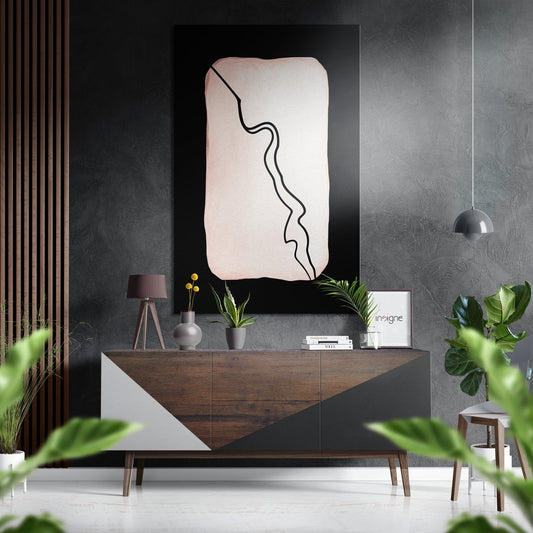 Modern minimalist interior with Lines Brushed Aluminium Dibond Wall Art displayed above wooden console table against textured gray wall.