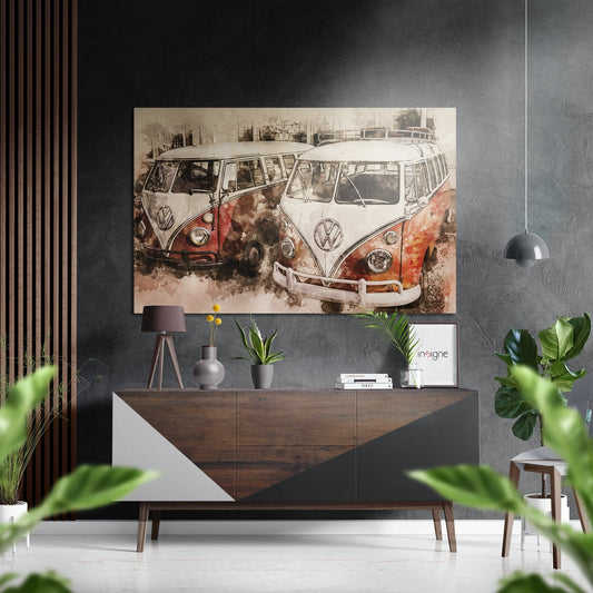 Retro camper van wall art displayed above wooden dresser in modern interior with potted plants and pendant lamp.
