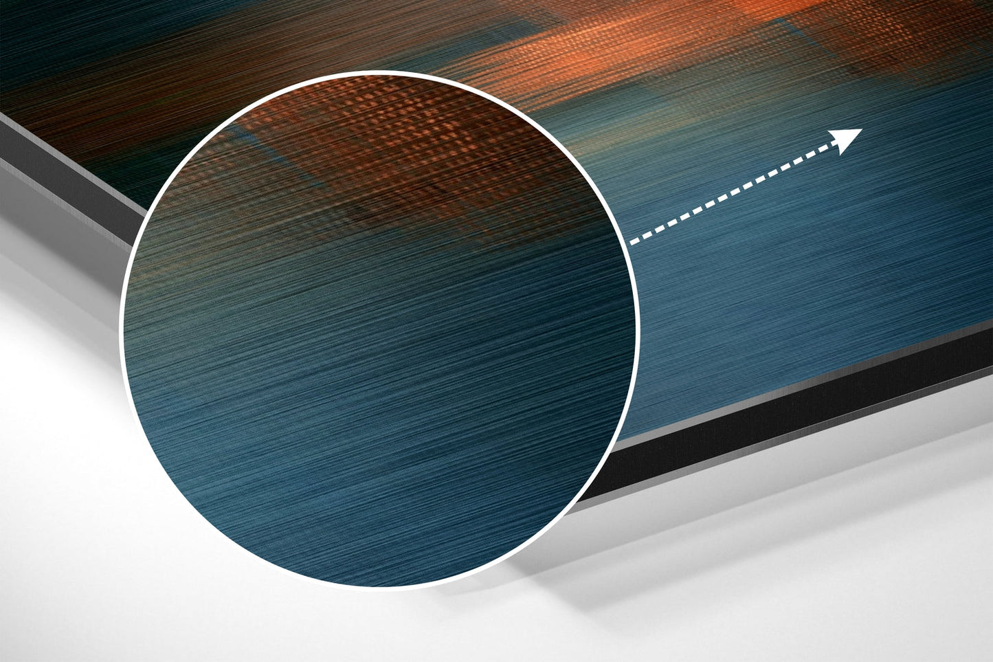 Abstract layered composition with large white-outlined circle on brushed teal and copper metallic surface, white directional arrow.