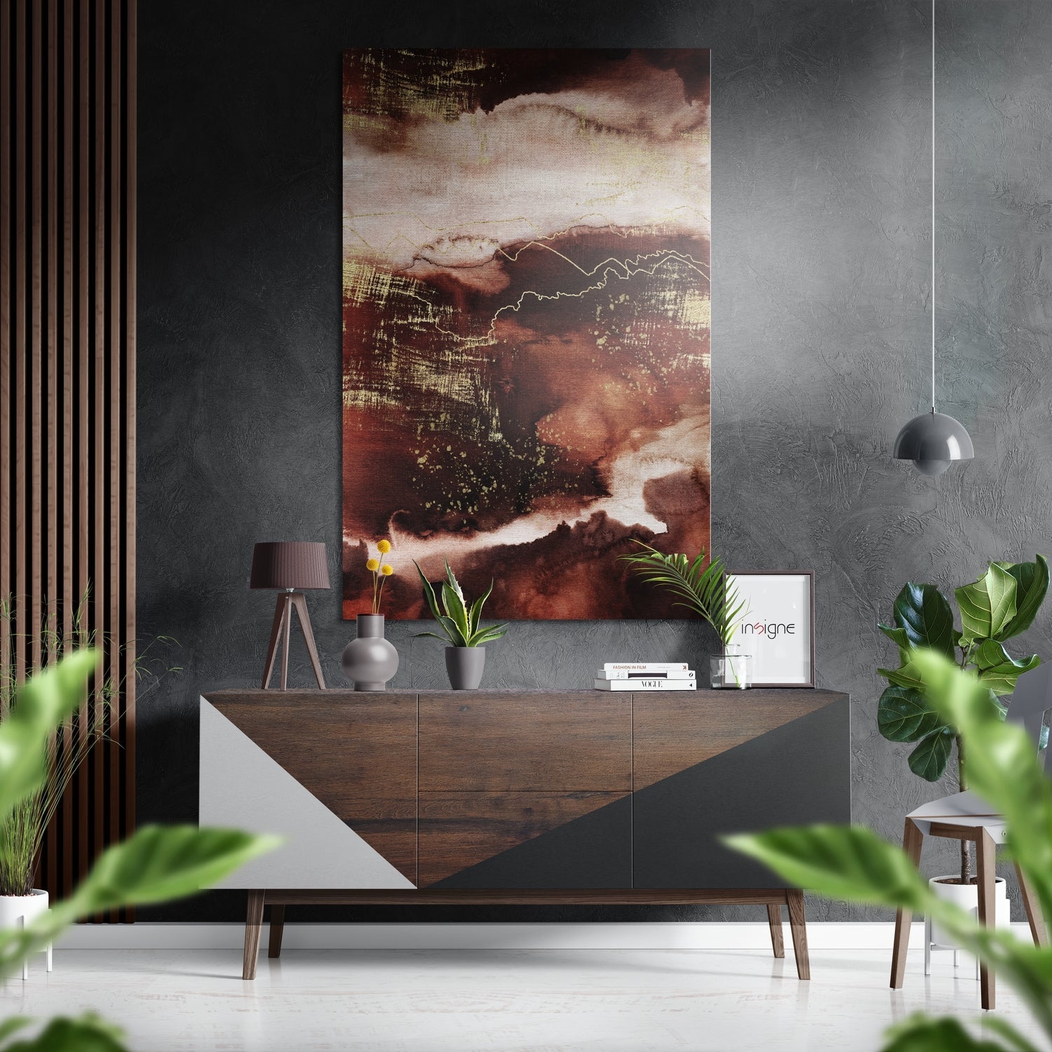 Modern interior with abstract brushed aluminium wall art featuring rust, cream, and gold tones displayed above wooden dresser.