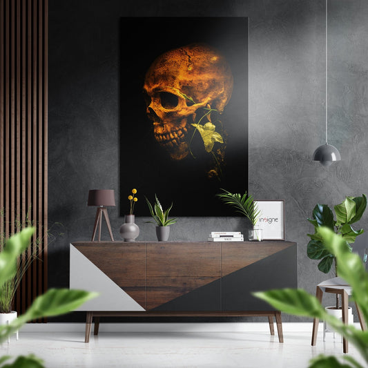 Golden Skull with Ivy Brushed Aluminium Dibond Wall Art displayed above wooden console table in modern interior with plants and pendant light.