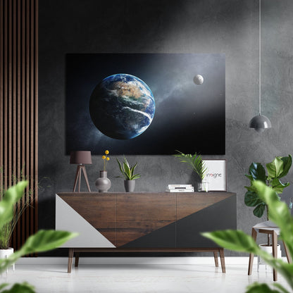 Earth and Distant Moon Starlit Space Brushed Aluminium Dibond Wall Art